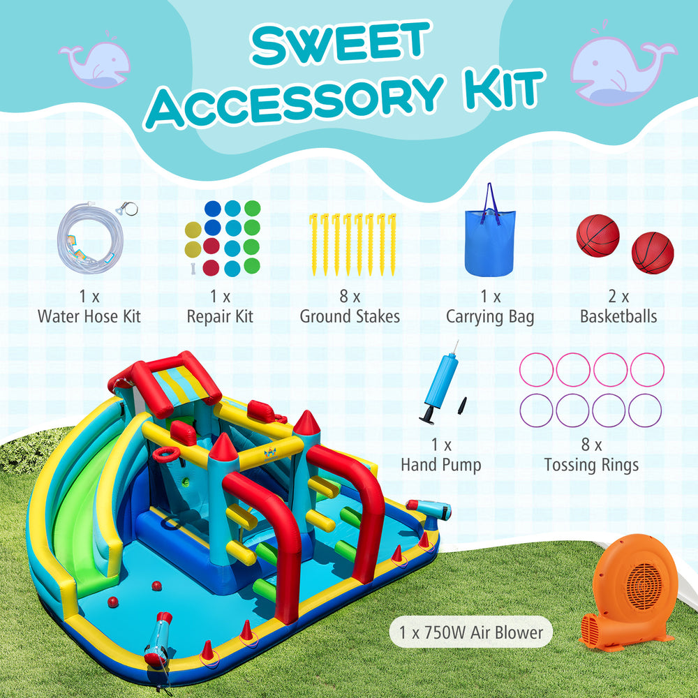 Inflatable Double Water Slide Park with 750W blower, featuring slides, basketball hoops, and a sweet accessory kit.