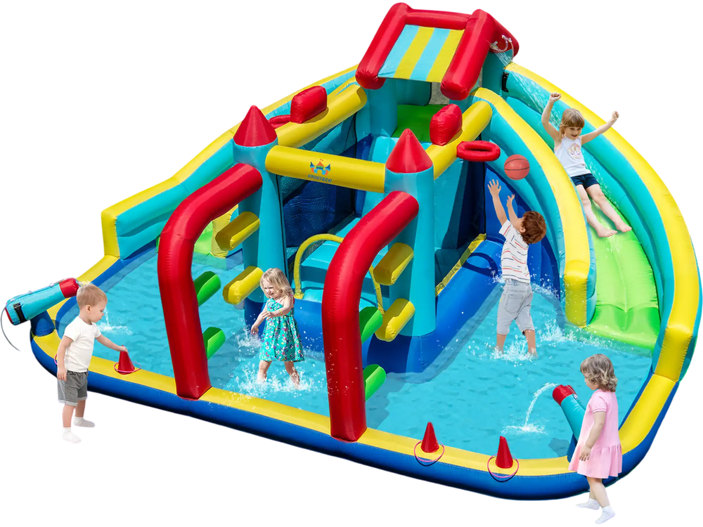 Inflatable Double Water Slide Park with obstacle course, designed for 4 kids, featuring slides, water cannons, and.