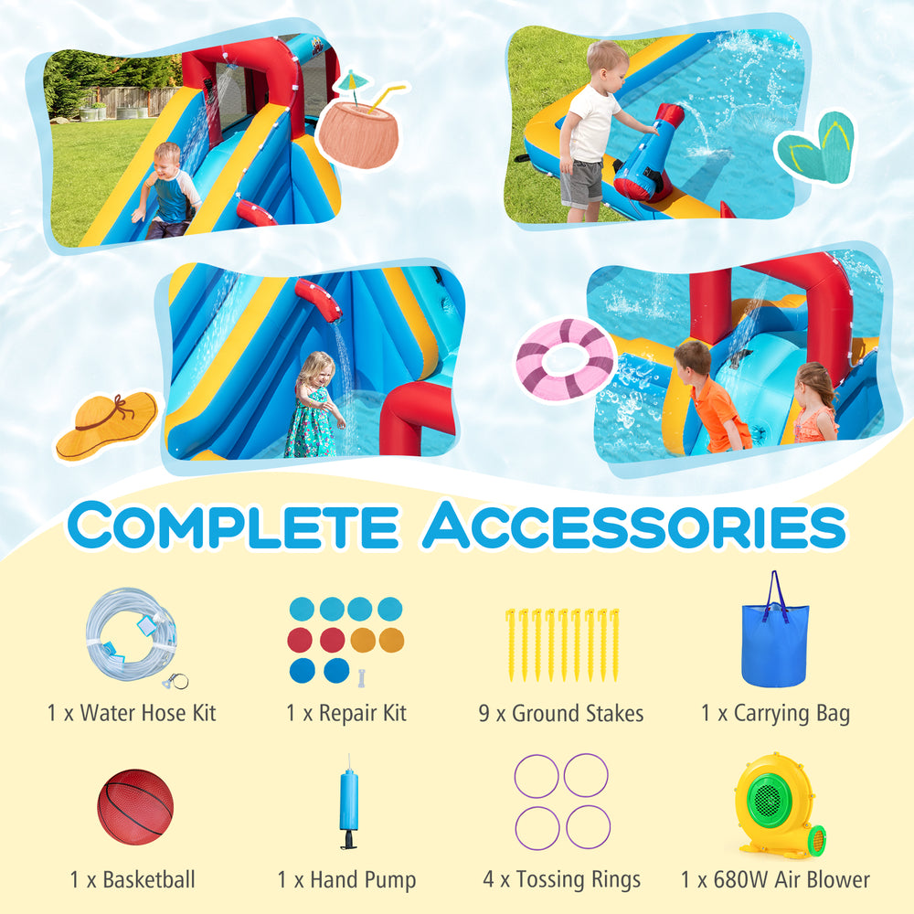 Inflatable Double Water Slide Park with water cannon, climbing wall, and complete accessories for outdoor fun.