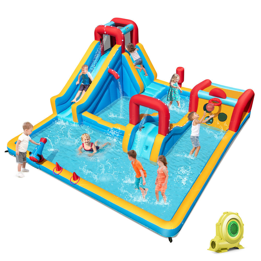 Inflatable Double Water Slide Park featuring a giant slide, climbing wall, and water cannon for kids' outdoor fun.