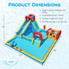 Inflatable Double Water Slide Park dimensions showing water slide, climbing wall, and games for kids aged 3-12 years.