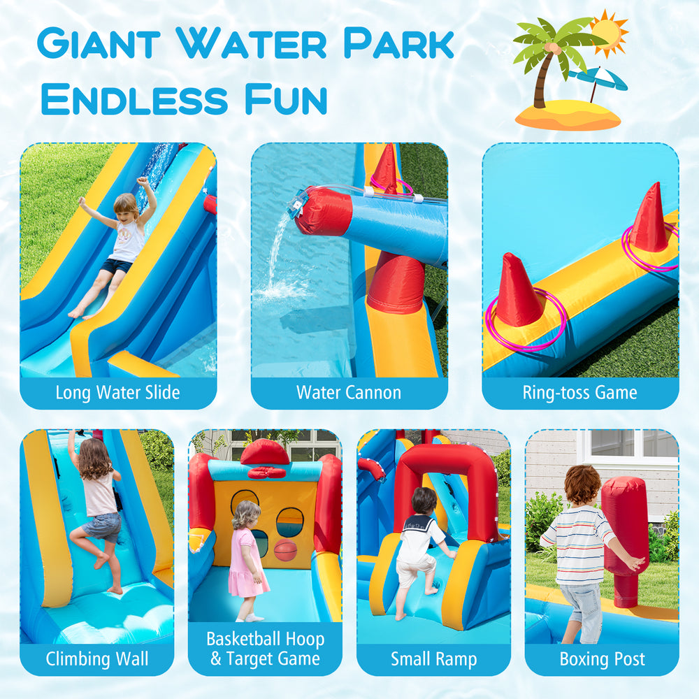 Giant inflatable water park featuring a long slide, climbing wall, and water cannon for outdoor fun and excitement.