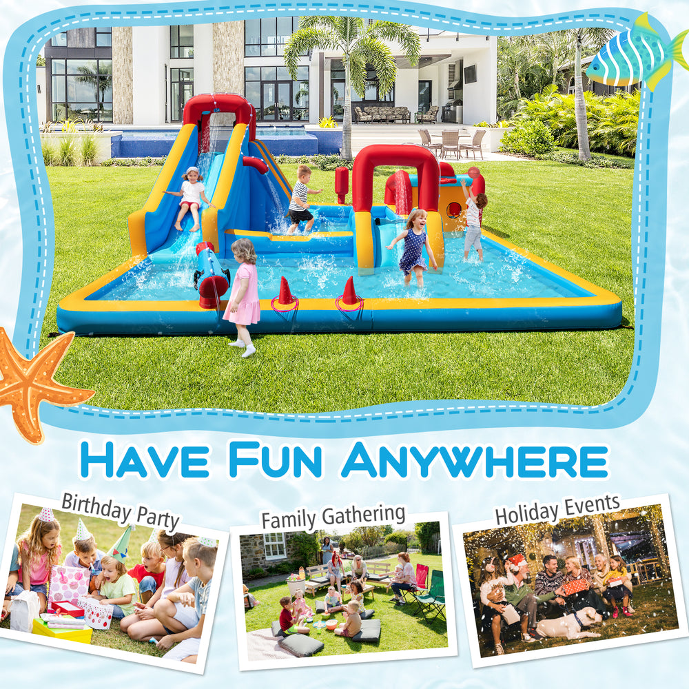 Inflatable Double Water Slide Park with climbing wall and water cannon, perfect for birthday parties and family.