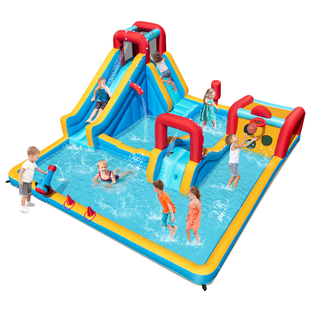 Giant inflatable water slide park with climbing wall, water cannon, and games for kids' outdoor fun and active play.