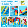 Giant inflatable water park with long slide, climbing wall, and water cannon for outdoor fun and competitive games.