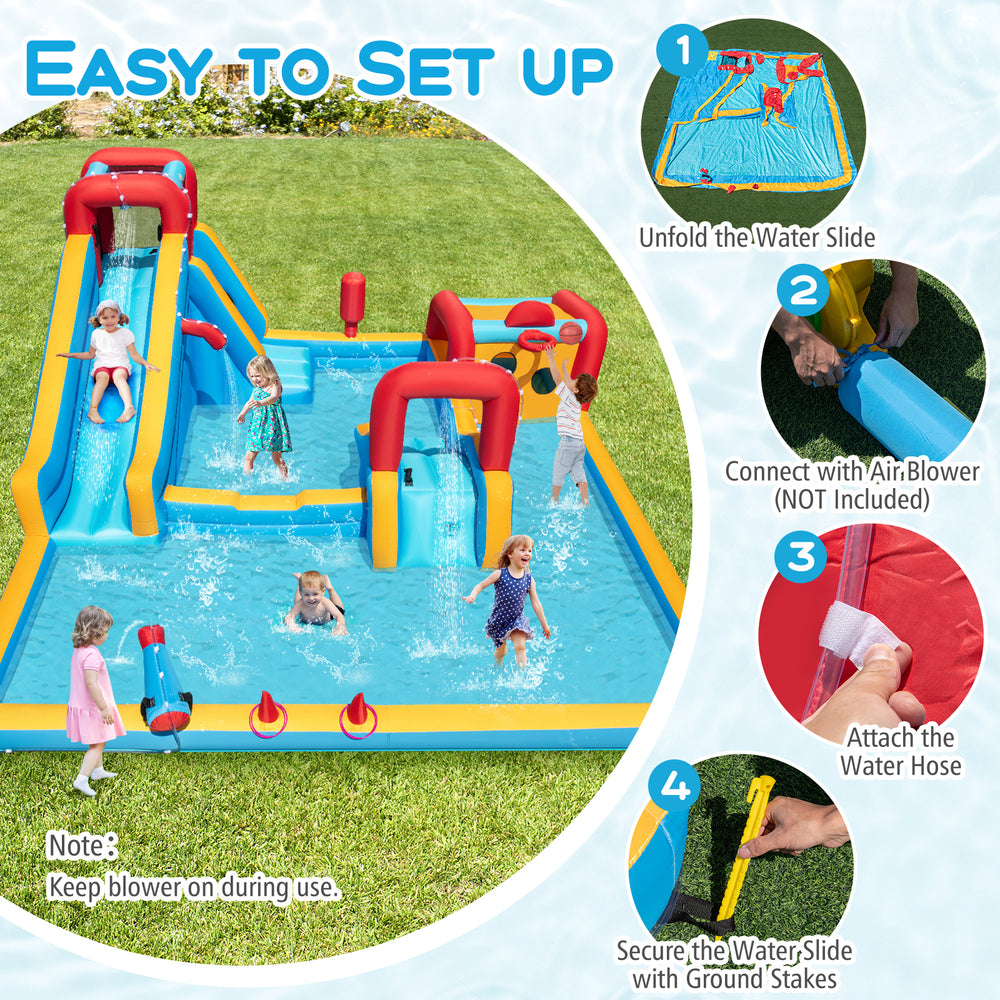 Inflatable Double Water Slide Park features a long slide, climbing wall, and water cannon for outdoor fun and.