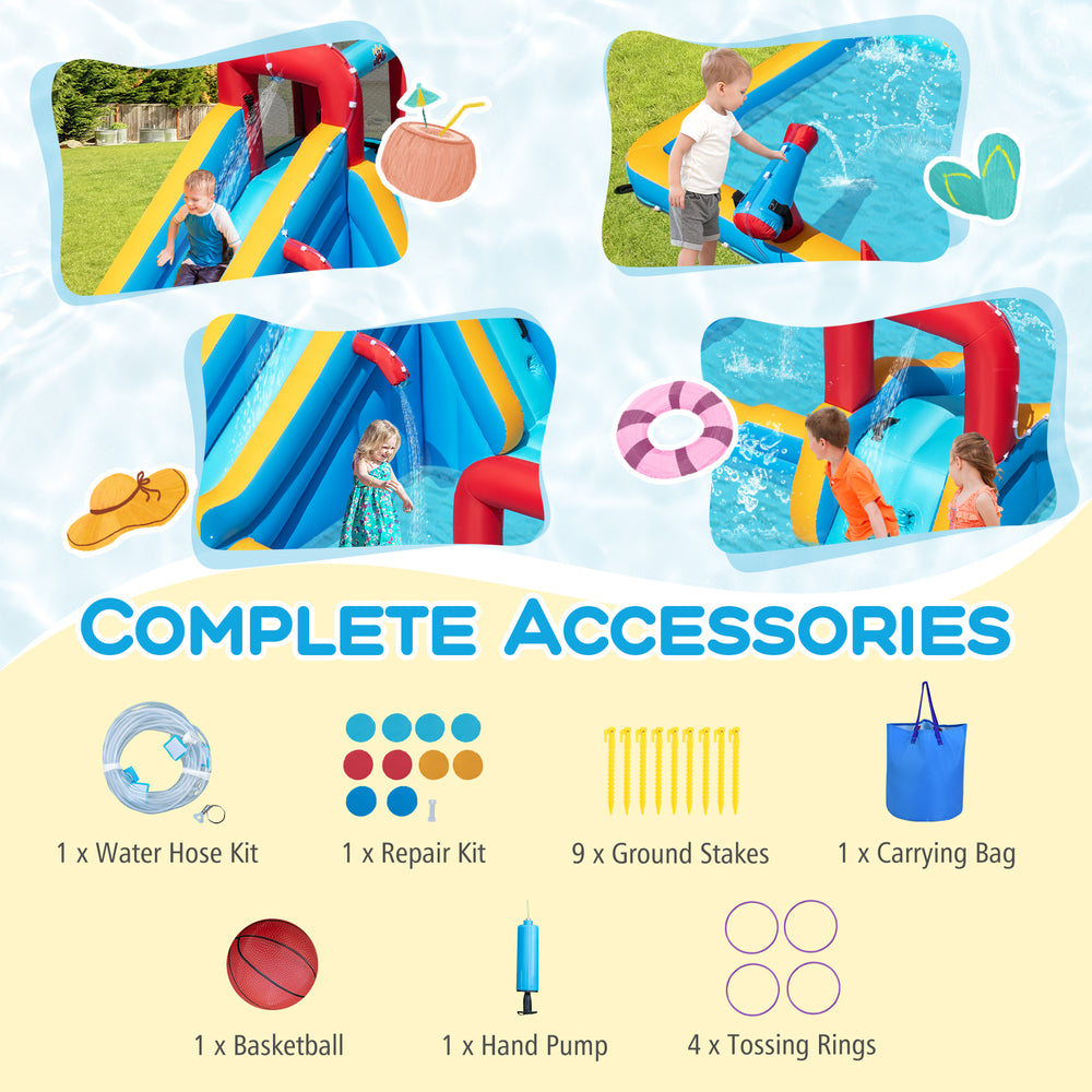 Inflatable Double Water Slide Park with complete accessories including water hose, repair kit, and games for outdoor.