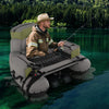 Inflatable fishing float tube in green with shoulder straps, storage bags, and rod holder for comfortable lake angling.