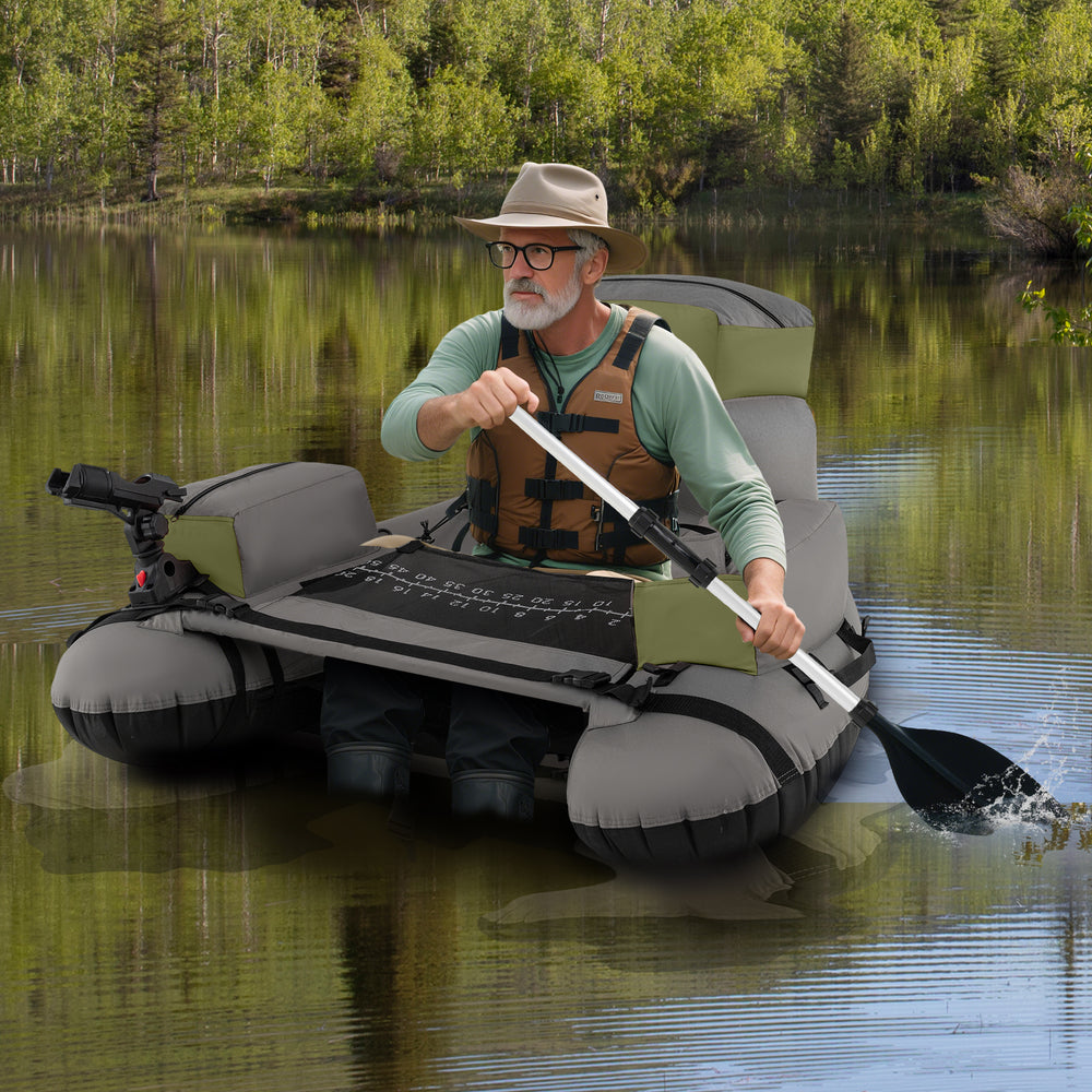 Inflatable fishing float tube in green with shoulder straps, storage bags, and rod holder for comfortable angling.