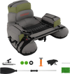 Inflatable fishing float tube in green with shoulder straps, storage bags, and fishing rod holder for lake angling.