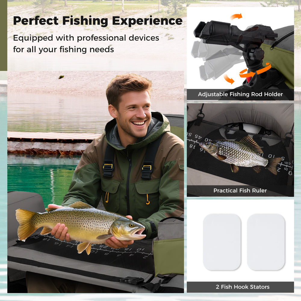 Inflatable fishing float tube in green with shoulder straps, rod holder, and built-in fish ruler for stable lake.