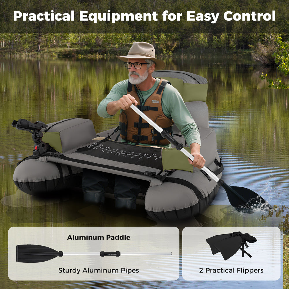 Inflatable fishing float tube in green with aluminum paddle, shoulder straps, and storage for comfortable angling.