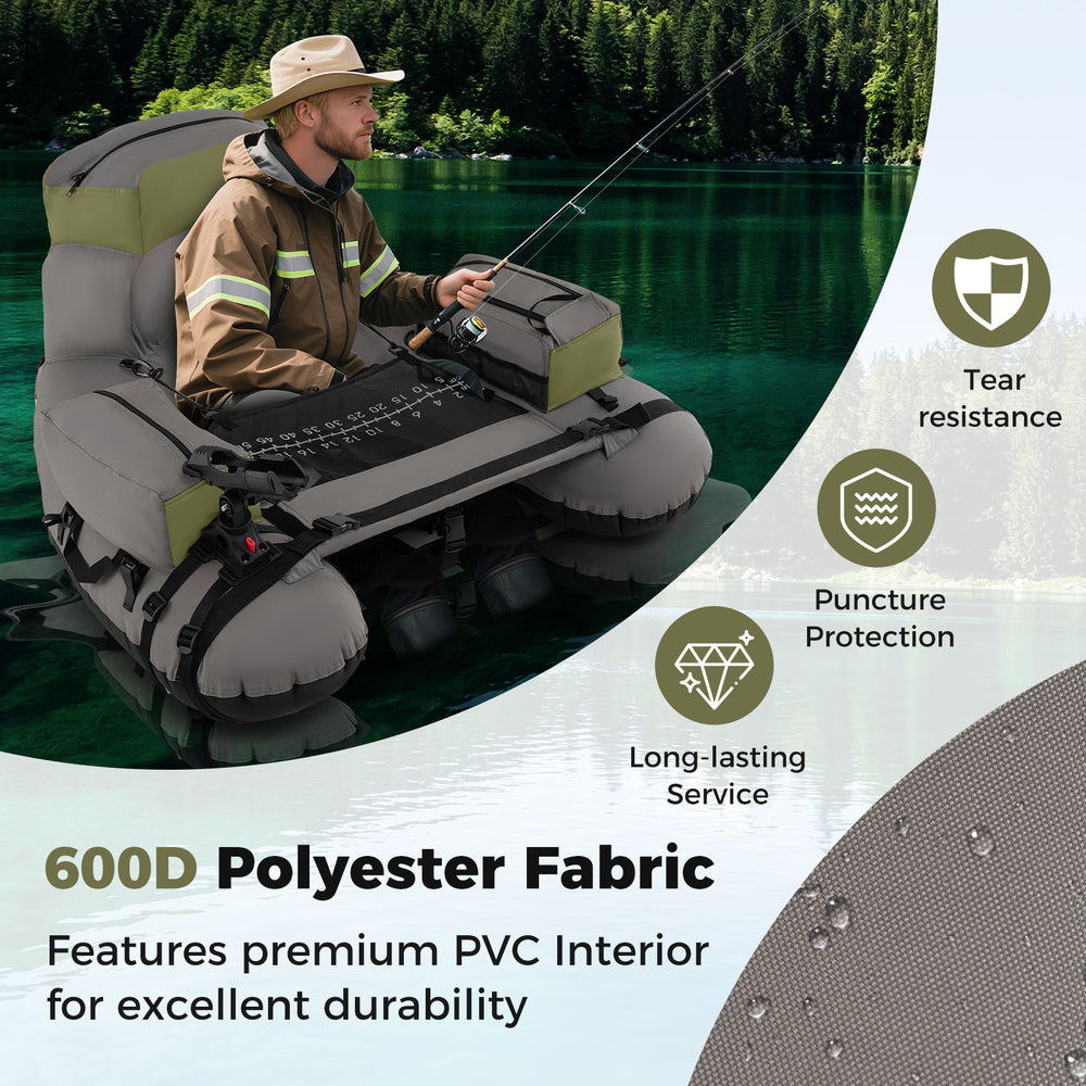 Inflatable fishing float tube in green, made of 600D polyester with storage bags and adjustable shoulder straps for.