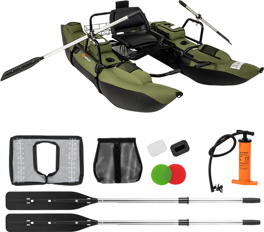 Inflatable fishing float tube in green with foldable padded seat, adjustable footrest, and storage for fishing gear.
