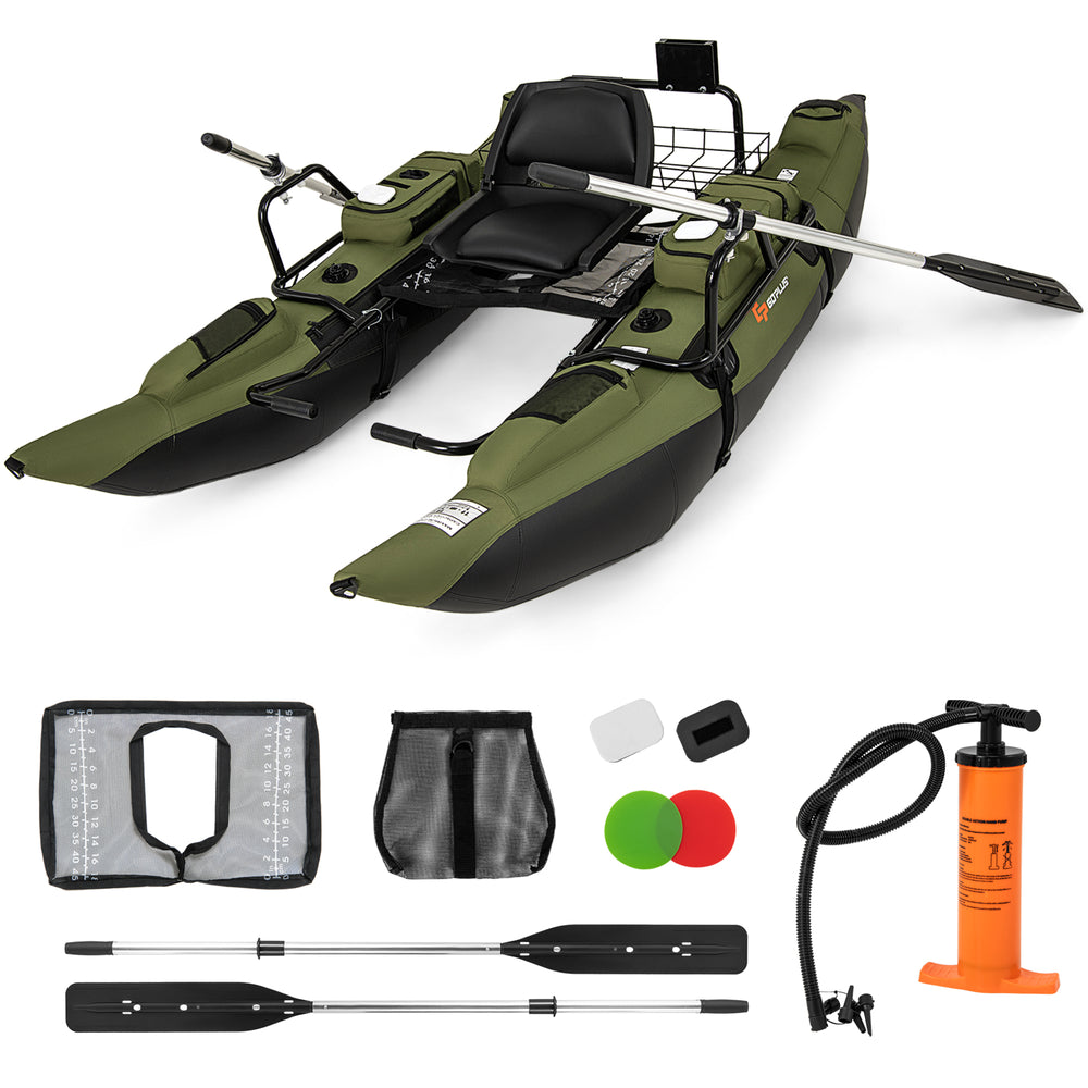Inflatable fishing float tube in green with foldable padded seat, adjustable footrest, and storage accessories included.