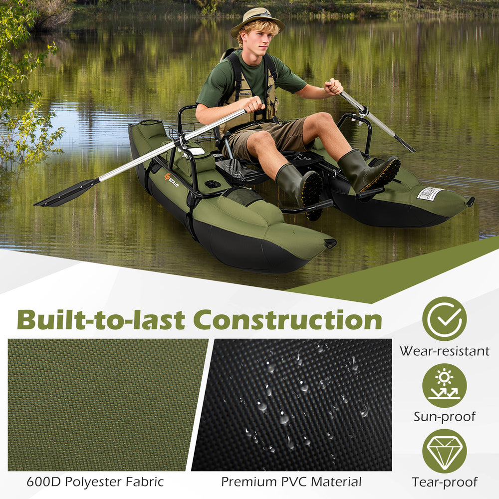 Inflatable fishing float tube in green with foldable padded seat, adjustable footrest, and storage for fishing.