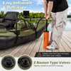 Inflatable fishing float tube in green with foldable padded seat, adjustable footrest, and Boston type valves for easy.