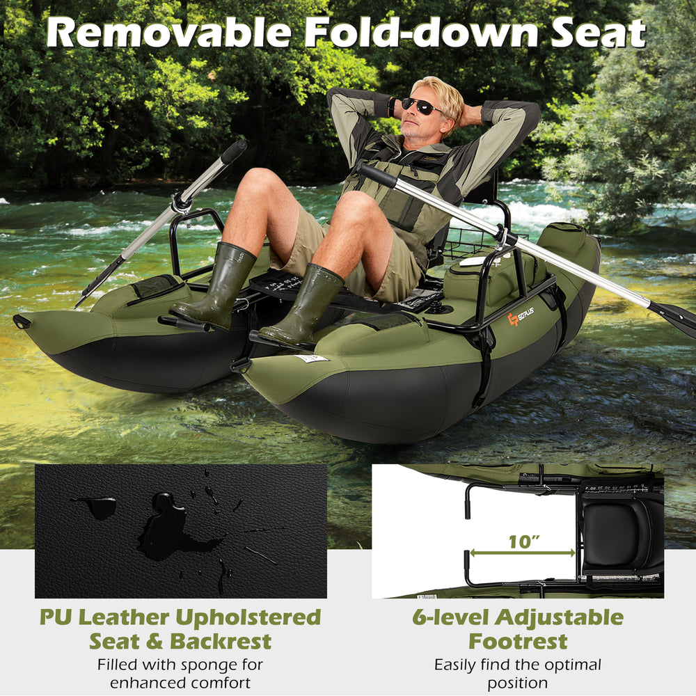 Inflatable fishing float tube in green with removable padded seat, adjustable footrest, and rear storage basket for.