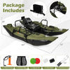 Inflatable fishing float tube in green featuring a detailed view of the motor mounting bracket and integrated storage.