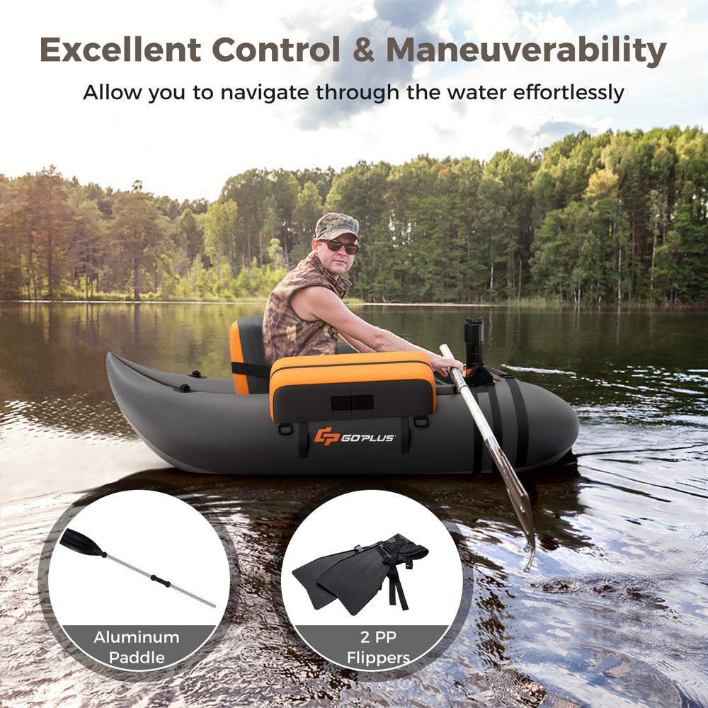 Inflatable fishing float tube in gray with storage pockets, adjustable straps, and foot pump for easy transport and use.
