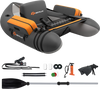 Inflatable fishing float tube in gray with storage pockets, fish ruler, and foot pump for easy transport and comfort.