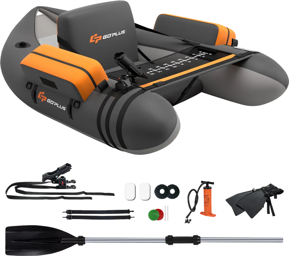 Inflatable fishing float tube in gray with storage pockets, fish ruler, and foot pump for easy transport and comfort.