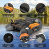 Inflatable fishing float tube in gray with adjustable backrest, storage pockets, and fish ruler for convenient fishing.