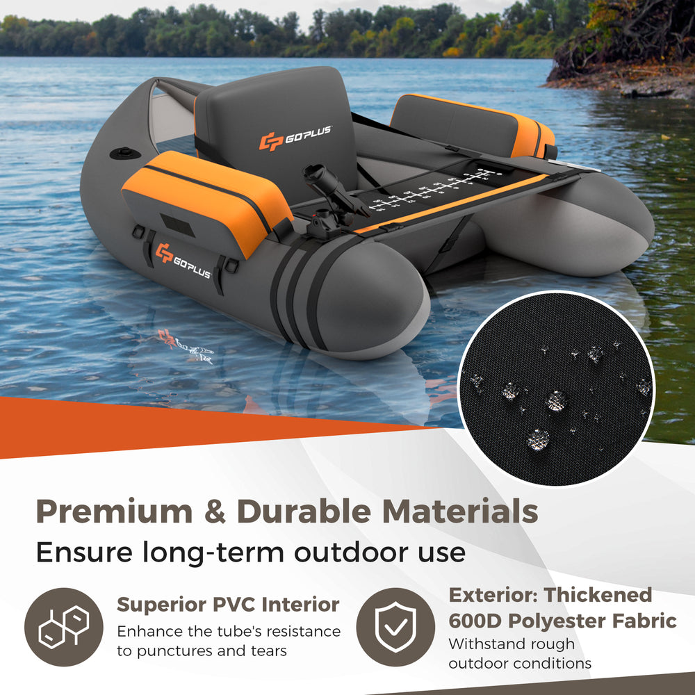 Inflatable fishing float tube in gray with PVC material, storage pockets, and adjustable straps for outdoor fishing.