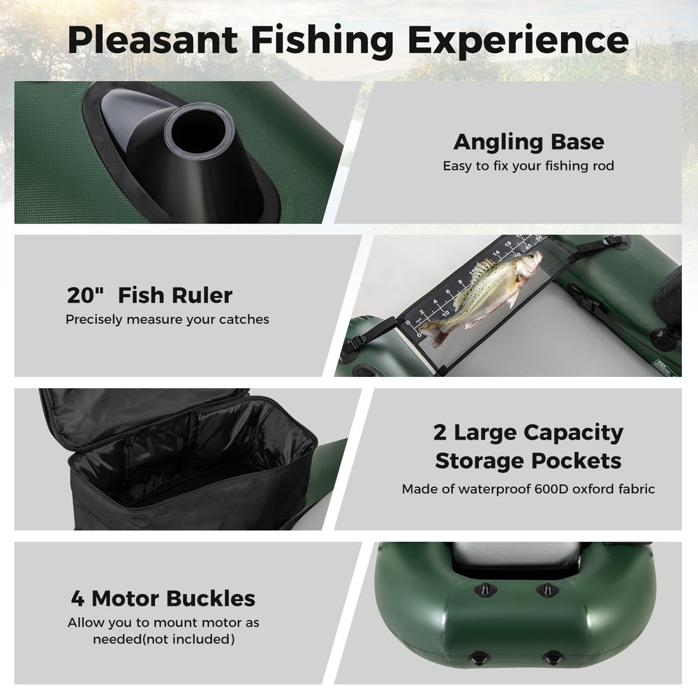 Inflatable fishing float tube featuring a 20" fish ruler, angling base, and two large storage pockets for gear.
