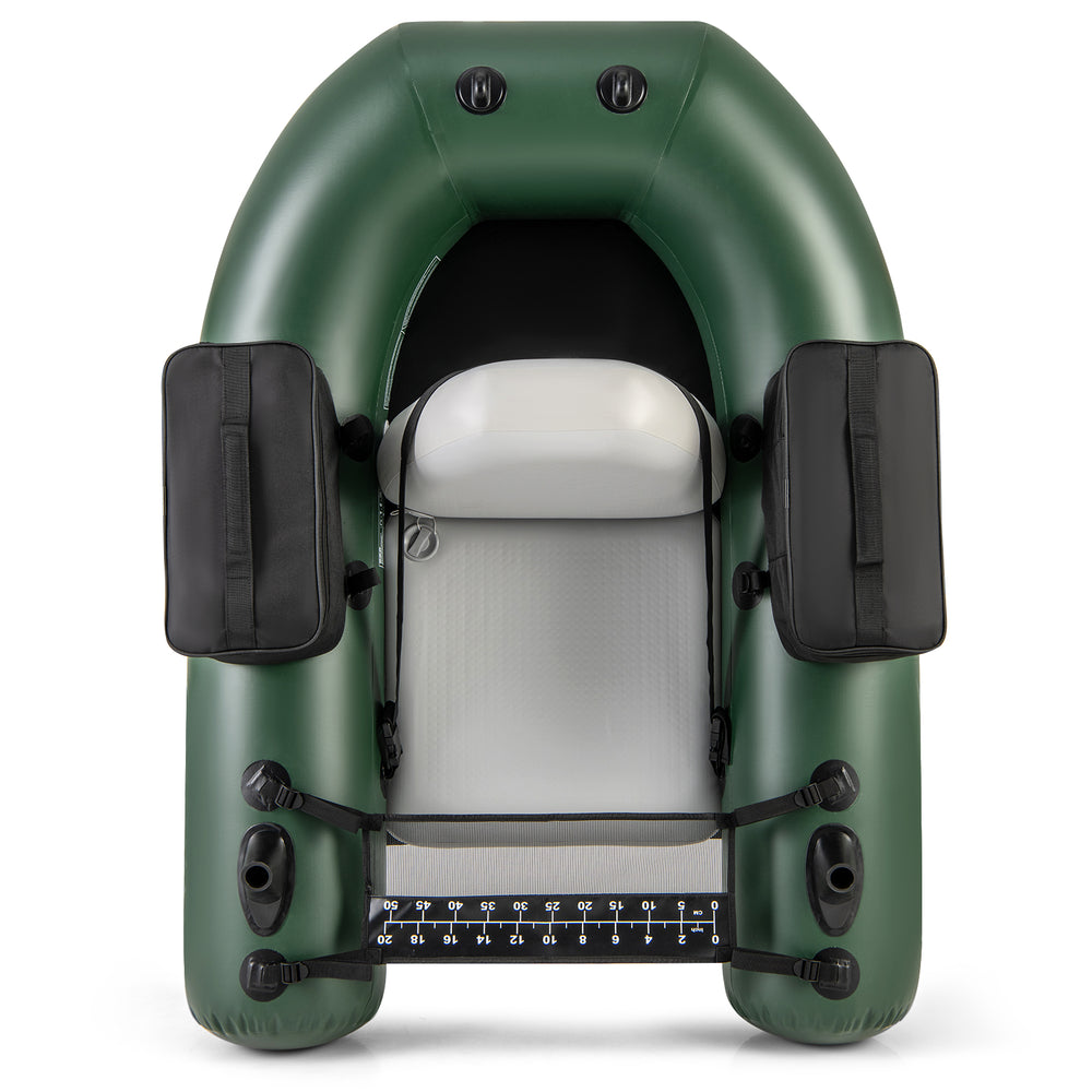 Top view of the inflatable fishing float tube in green, showcasing the thick inflatable seat and angling base for.