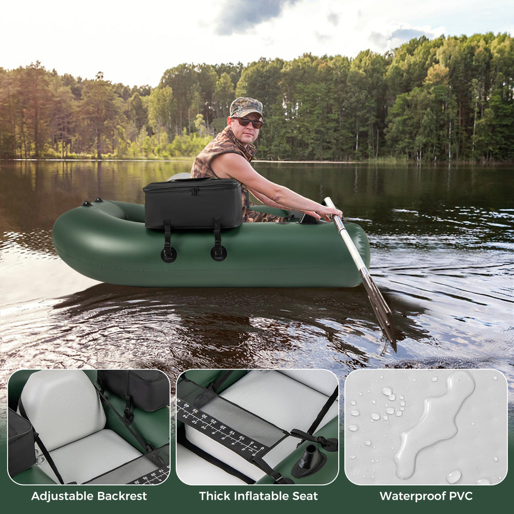 Inflatable fishing float tube with adjustable backrest, thick seat, and waterproof PVC for comfortable angling.