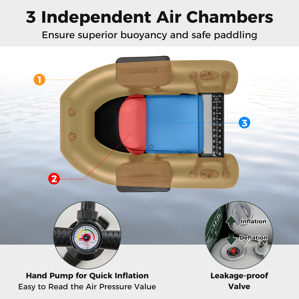 Inflatable fishing float tube with 3 air chambers, adjustable backrest, and fish ruler for safe angling and storage.