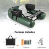 Inflatable fishing float tube in green with adjustable backrest, storage pockets, and fish ruler for angling adventures.