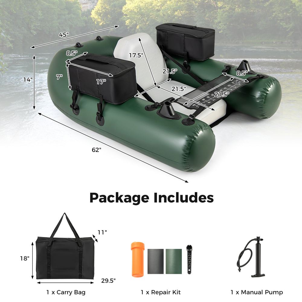 Inflatable fishing float tube in green with adjustable backrest, storage pockets, and fish ruler for angling adventures.