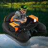 Inflatable float tube with adjustable fishing rod holder, orange accents, and storage boxes for fishing gear.