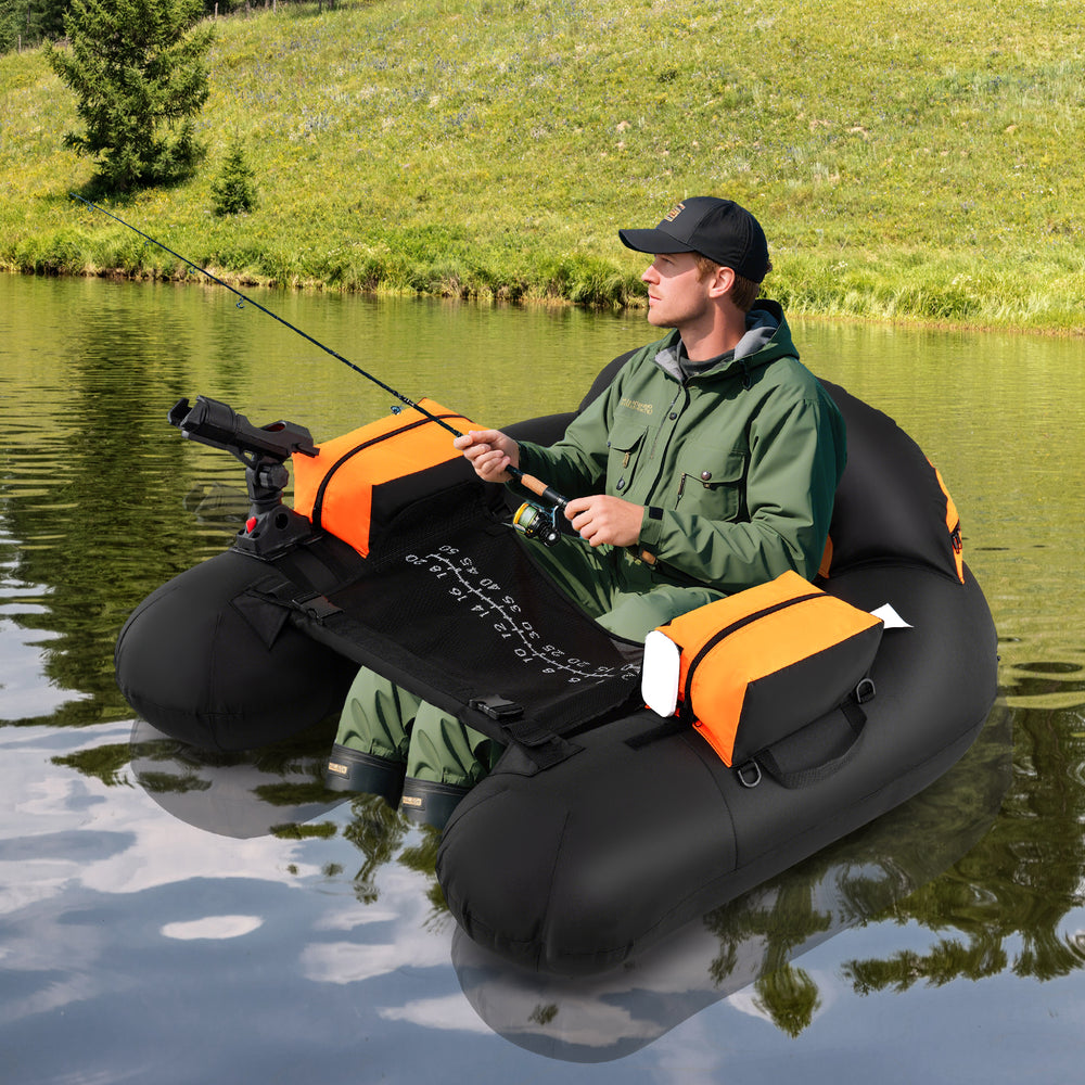 Inflatable float tube with adjustable fishing rod holder, featuring a high-strength PVC core for secure fishing.