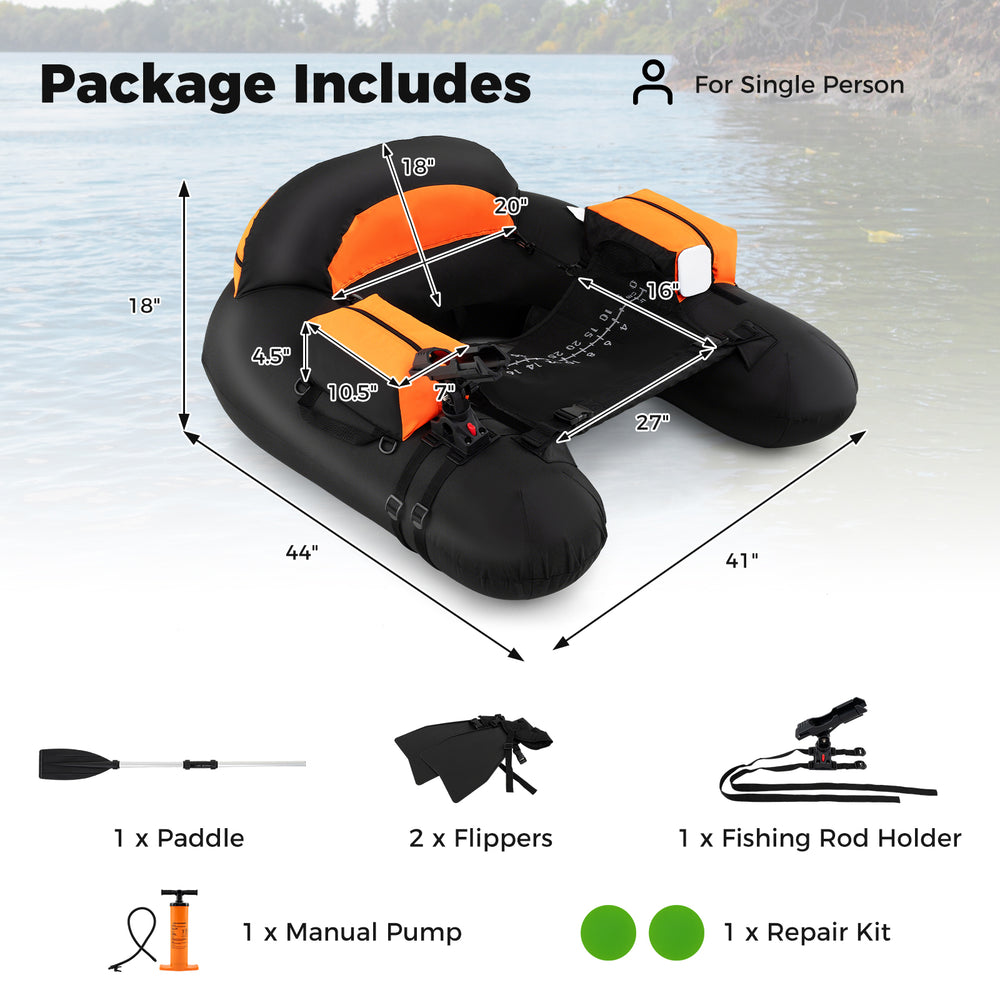 Inflatable float tube with adjustable fishing rod holder, 600D polyester cover, and storage boxes for fishing gear.
