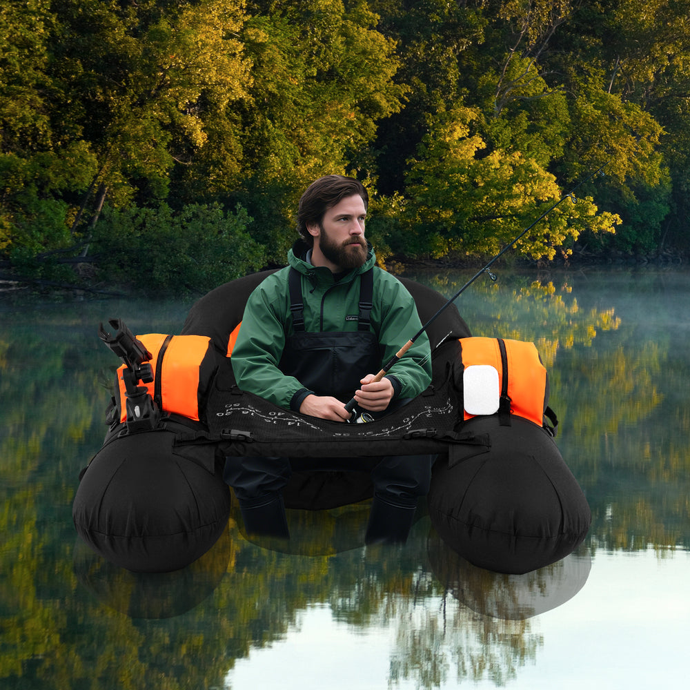 Inflatable float tube in orange with adjustable fishing rod holder, designed for single-person fishing adventures.