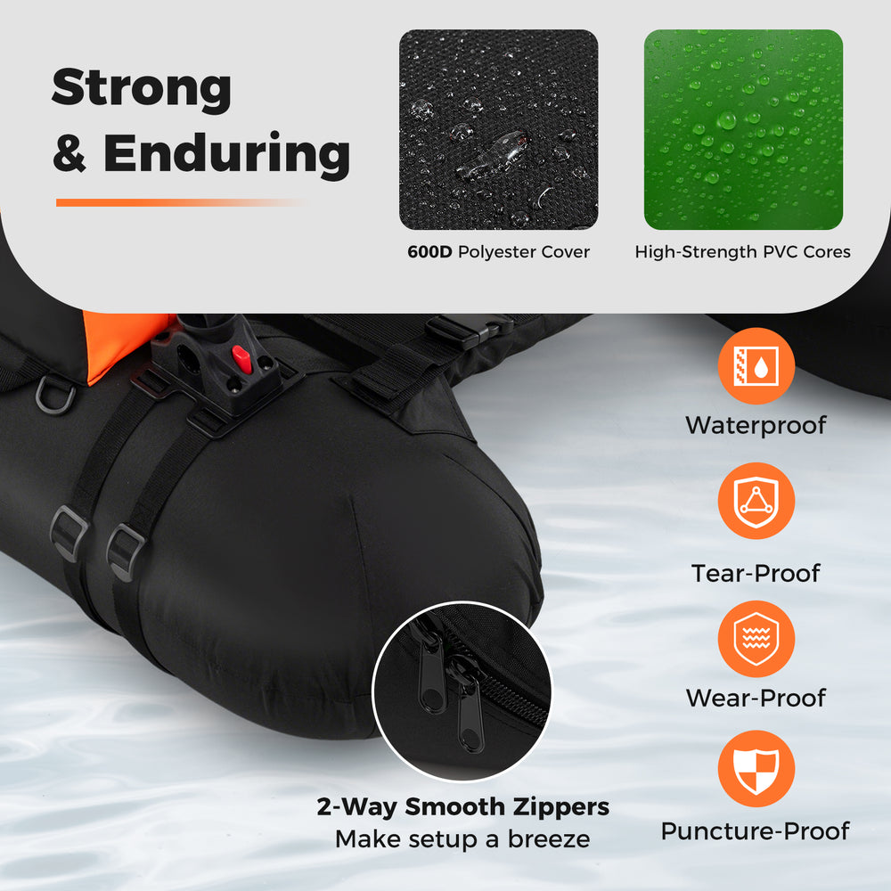 Inflatable float tube with 600D polyester cover, adjustable fishing rod holder, and comfortable backrest for fishing.