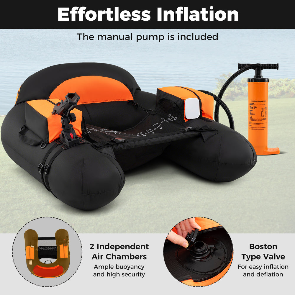 Inflatable float tube in orange with adjustable fishing rod holder, Boston valve, and manual pump for easy inflation.