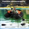 Inflatable float tube in orange with adjustable fishing rod holder and segmented aluminum paddle for precision.