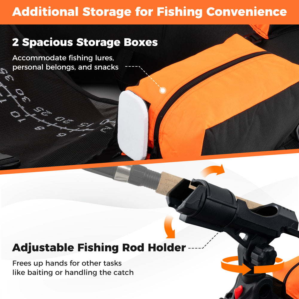 Inflatable float tube in orange with adjustable fishing rod holder and spacious storage boxes for fishing convenience.