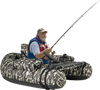 Inflatable camouflage float tube with rod holder, storage pockets, and comfortable seat for fishing on the water.