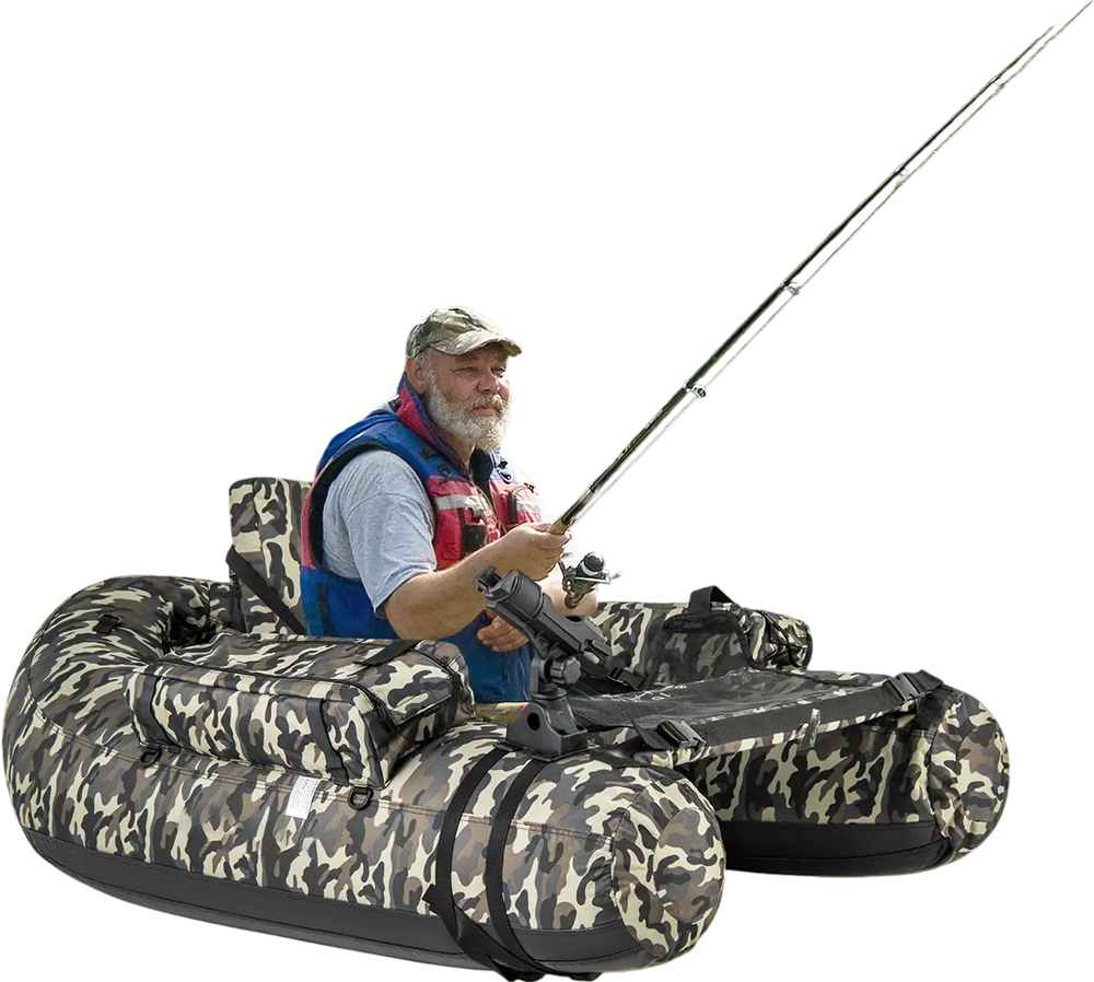 Inflatable camouflage float tube with rod holder, storage pockets, and comfortable seat for fishing on the water.