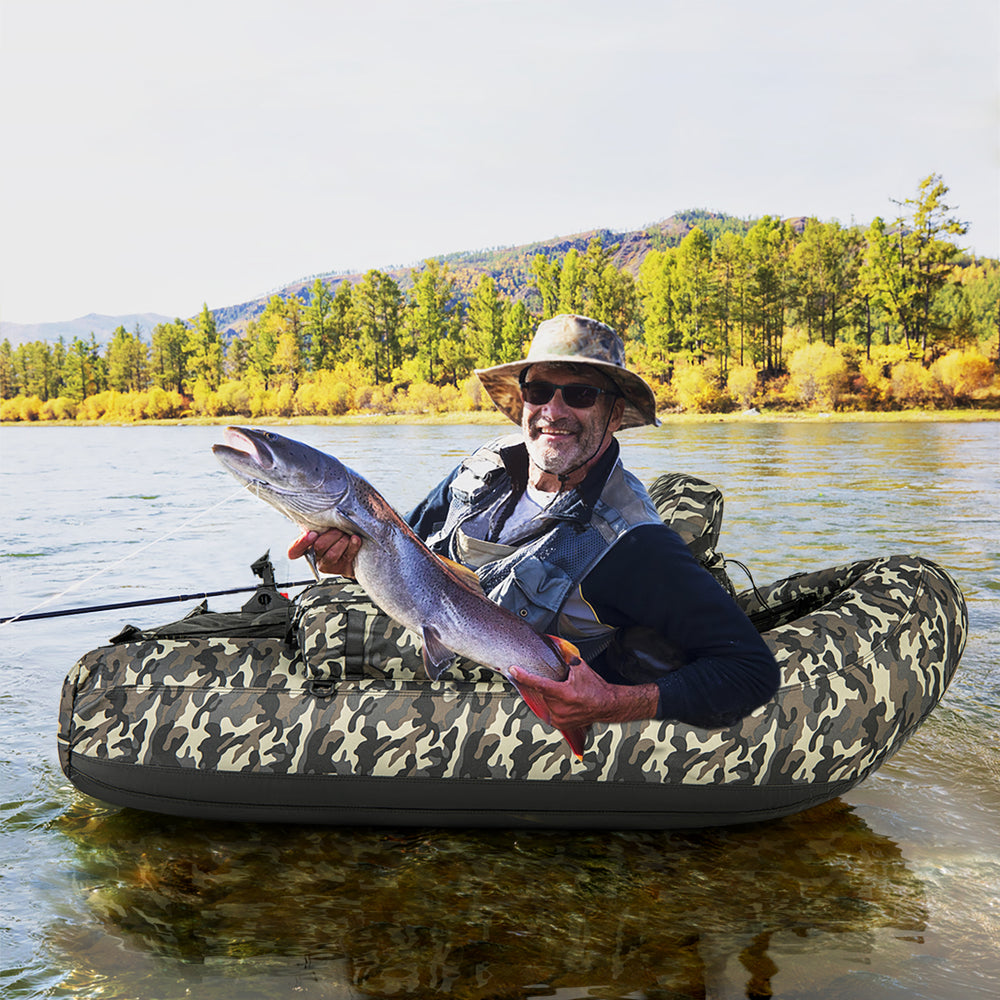 Inflatable float tube in camouflage with fishing rod holder, storage pockets, and a comfortable seat for fishing.