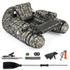 Inflatable float tube in camouflage with rod holder, storage pockets, and comfortable seat for fishing adventures.