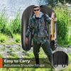 Inflatable float tube in camouflage with adjustable shoulder straps, fish ruler, and storage pockets for fishing.