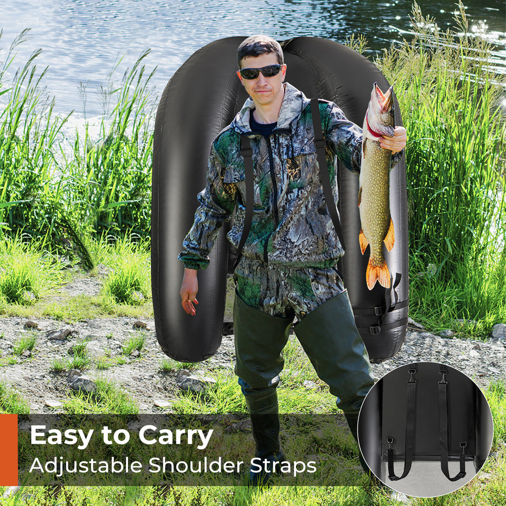 Inflatable float tube in camouflage with adjustable shoulder straps, fish ruler, and storage pockets for fishing.