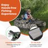 Inflatable float tube in camouflage with adjustable rod holder, 20" fish ruler, and storage pockets for fishing.