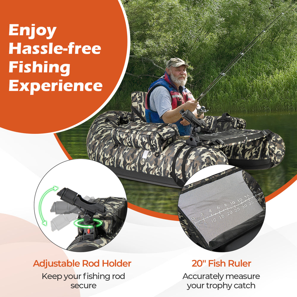 Inflatable float tube in camouflage with adjustable rod holder, 20" fish ruler, and storage pockets for fishing.